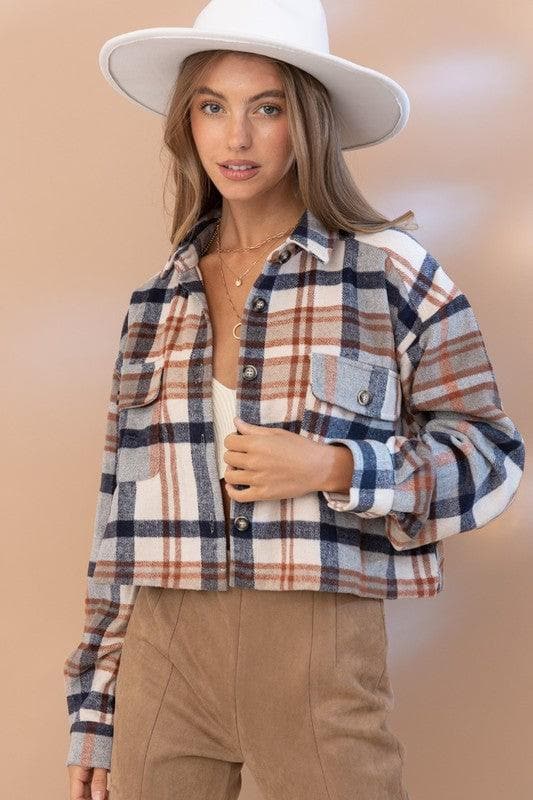 BLUE B Plaid Crop Shirt Jacket - SwagglyLife Home & Fashion