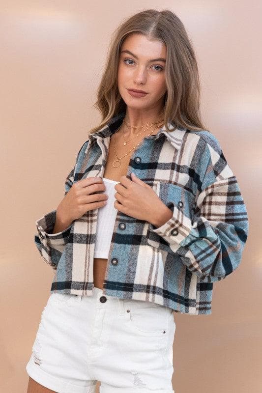 BLUE B Plaid Crop Shirt Jacket - SwagglyLife Home & Fashion