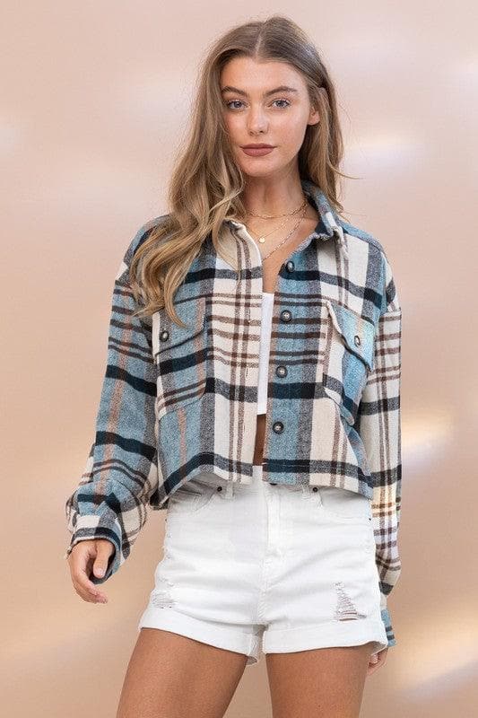 BLUE B Plaid Crop Shirt Jacket - SwagglyLife Home & Fashion