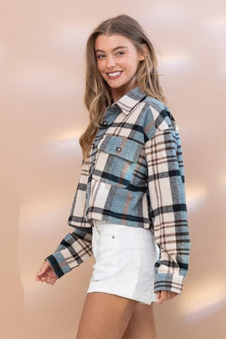 BLUE B Plaid Crop Shirt Jacket - SwagglyLife Home & Fashion