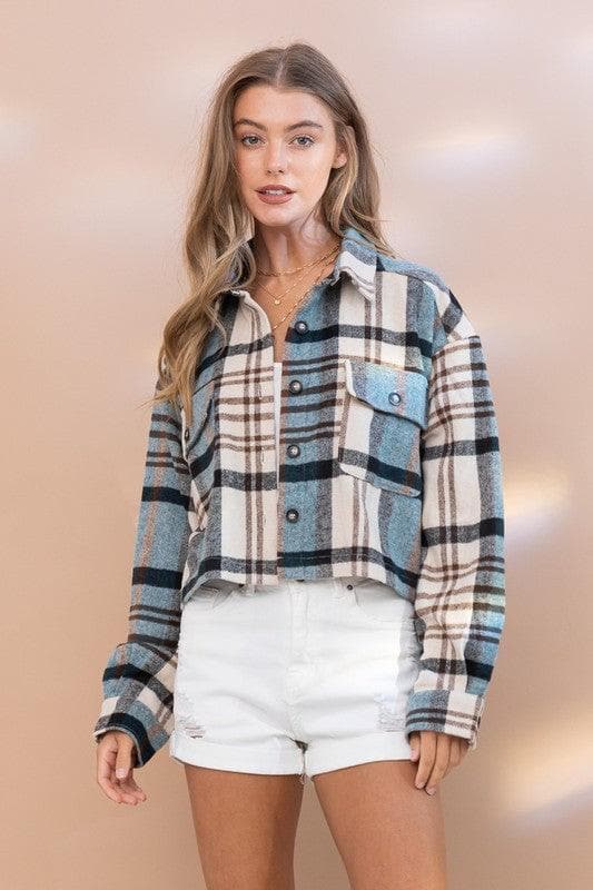 BLUE B Plaid Crop Shirt Jacket - SwagglyLife Home & Fashion