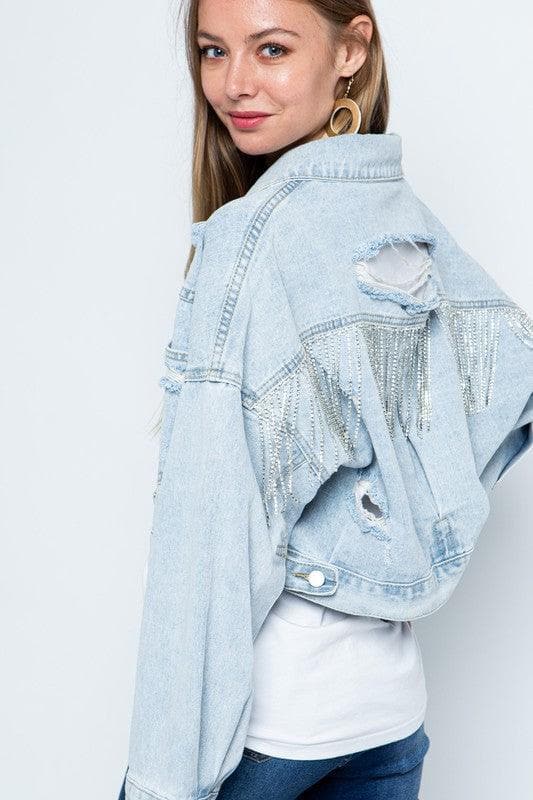 BLUE B Rhinestone Fringe Distressed Denim Jacket, 2 Colors - SwagglyLife Home & Fashion