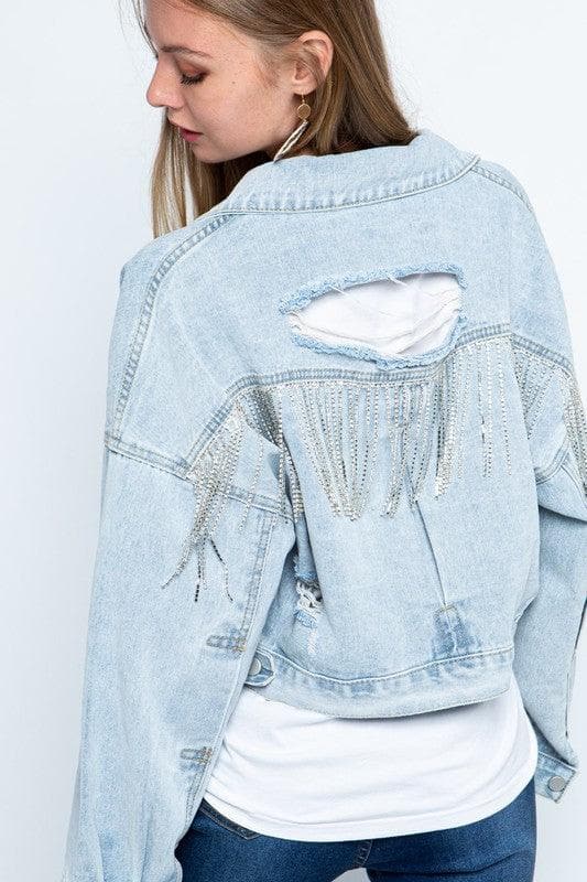 BLUE B Rhinestone Fringe Distressed Denim Jacket, 2 Colors - SwagglyLife Home & Fashion