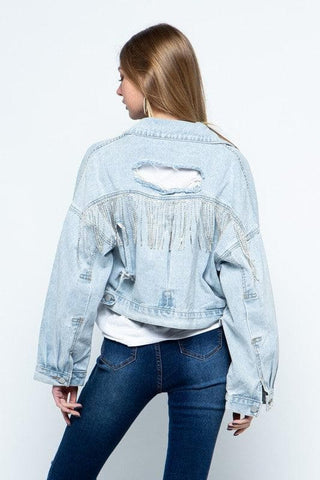 BLUE B Rhinestone Fringe Distressed Denim Jacket, 2 Colors - SwagglyLife Home & Fashion