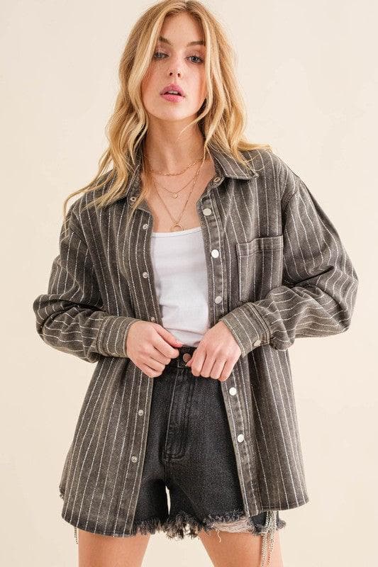 BLUE B Sparkle Stone Stripe Denim Jacket - SwagglyLife Home & Fashion