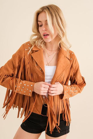 Blue B Studded Fringe Open Western Jacket - SwagglyLife Home & Fashion