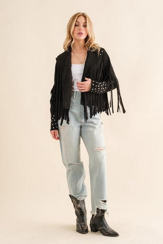 Blue B Studded Fringe Open Western Jacket - SwagglyLife Home & Fashion