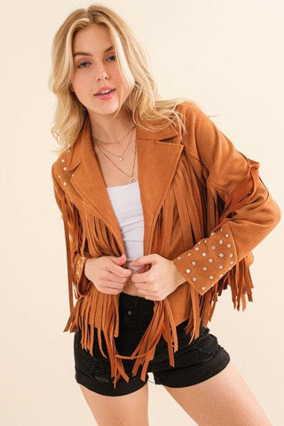 Blue B Studded Fringe Open Western Jacket - SwagglyLife Home & Fashion