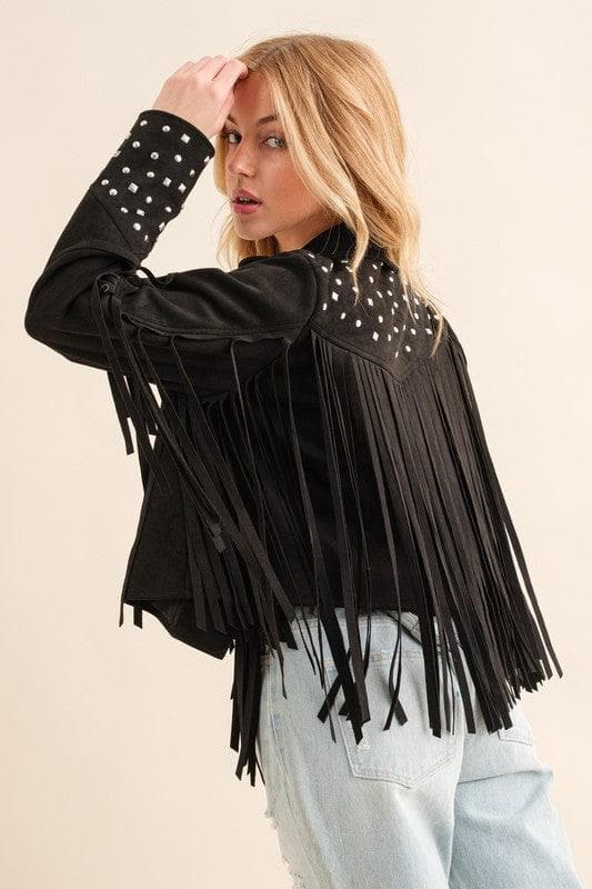 Blue B Studded Fringe Open Western Jacket - SwagglyLife Home & Fashion