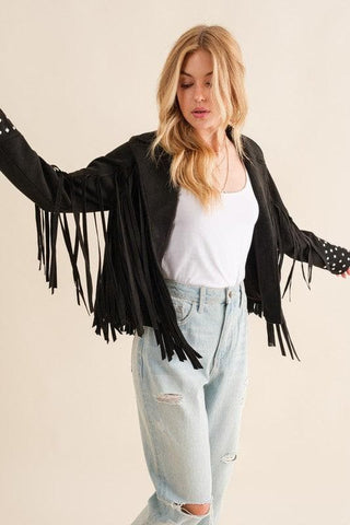 Blue B Studded Fringe Open Western Jacket - SwagglyLife Home & Fashion