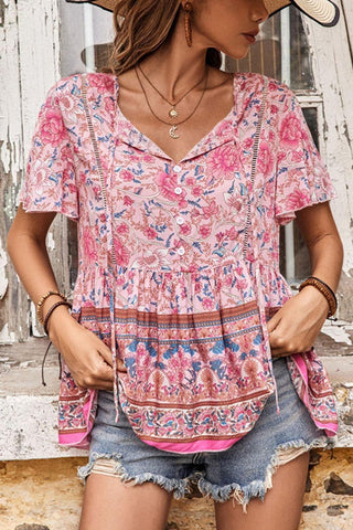 Bohemian Decorative Button Tie-Neck Peplum Blouse - SwagglyLife Home & Fashion