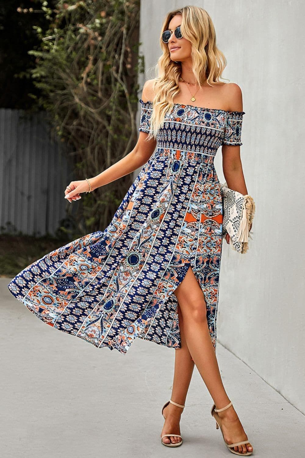 Bohemian Off-Shoulder Frill Trim Split Dress, Multiple Colors - SwagglyLife Home & Fashion