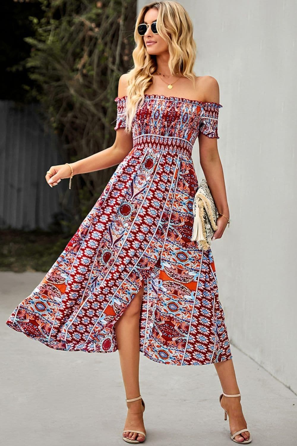 Bohemian Off-Shoulder Frill Trim Split Dress, Multiple Colors - SwagglyLife Home & Fashion