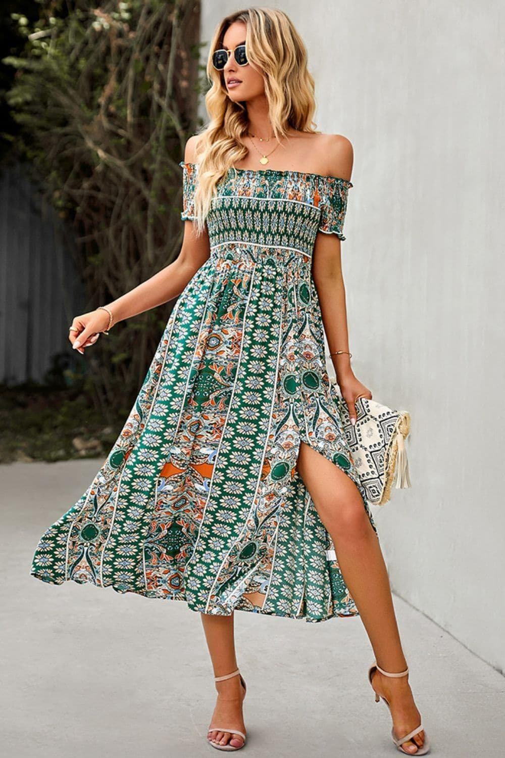 Bohemian Off-Shoulder Frill Trim Split Dress, Multiple Colors - SwagglyLife Home & Fashion