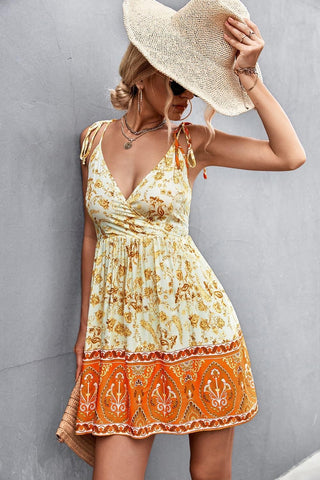 Bohemian Tie Shoulder Surplice Backless Dress - SwagglyLife Home & Fashion