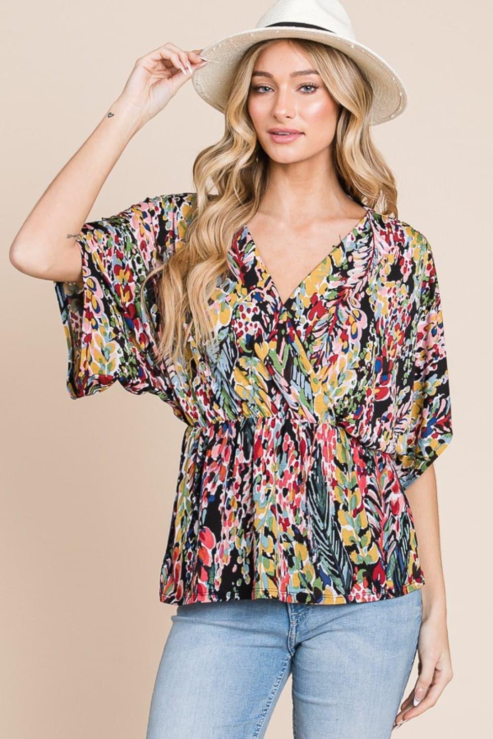 BOMBOM Printed Surplice Peplum Blouse - SwagglyLife Home & Fashion