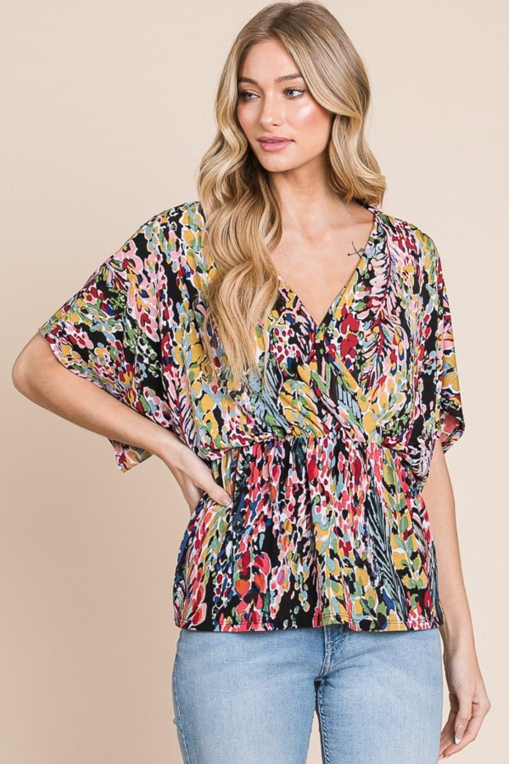 BOMBOM Printed Surplice Peplum Blouse - SwagglyLife Home & Fashion