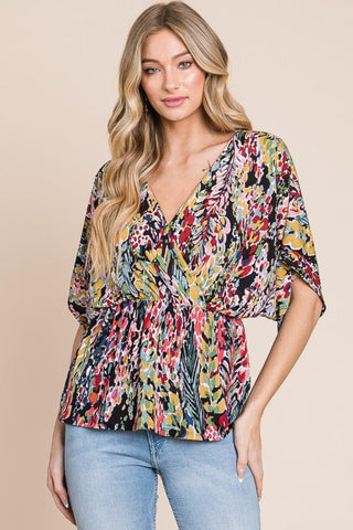 BOMBOM Printed Surplice Peplum Blouse - SwagglyLife Home & Fashion