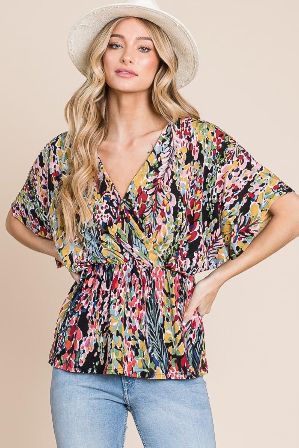 BOMBOM Printed Surplice Peplum Blouse - SwagglyLife Home & Fashion