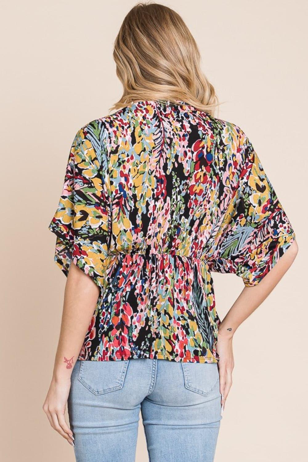 BOMBOM Printed Surplice Peplum Blouse - SwagglyLife Home & Fashion