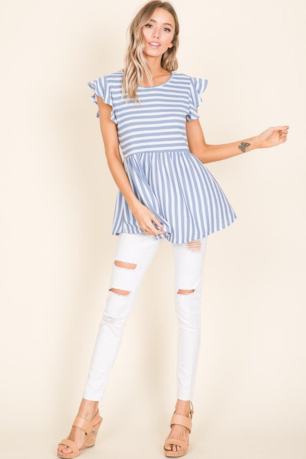 BOMBOM Striped Round Neck Blouse - SwagglyLife Home & Fashion