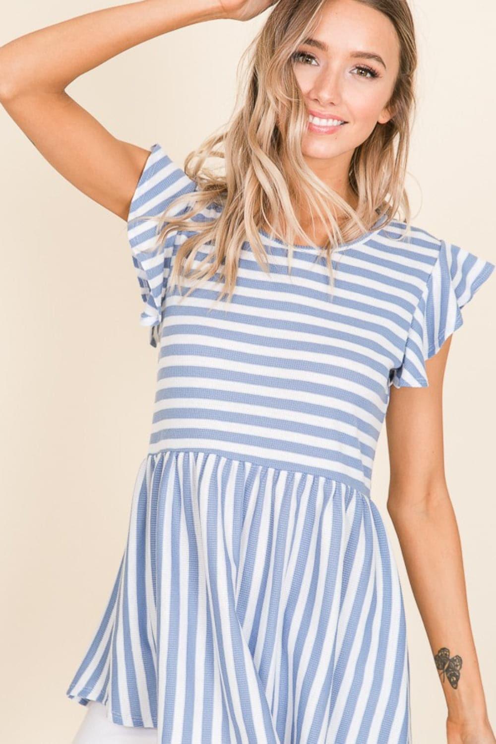 BOMBOM Striped Round Neck Blouse - SwagglyLife Home & Fashion