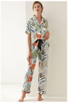 Botanical Print Button-Up Top and Pants Pajama Set - SwagglyLife Home & Fashion
