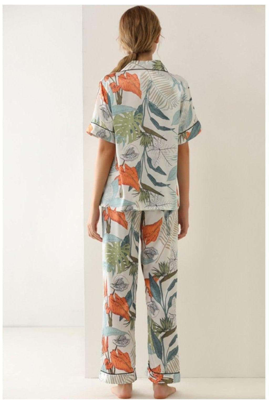 Botanical Print Button-Up Top and Pants Pajama Set - SwagglyLife Home & Fashion