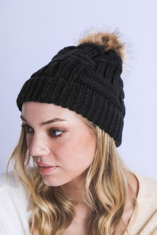 Braided Knitted Fur Pom Pom Beanie - SwagglyLife Home & Fashion