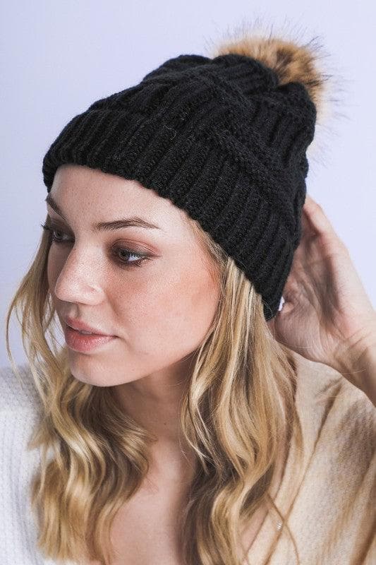 Braided Knitted Fur Pom Pom Beanie - SwagglyLife Home & Fashion