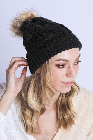 Braided Knitted Fur Pom Pom Beanie - SwagglyLife Home & Fashion