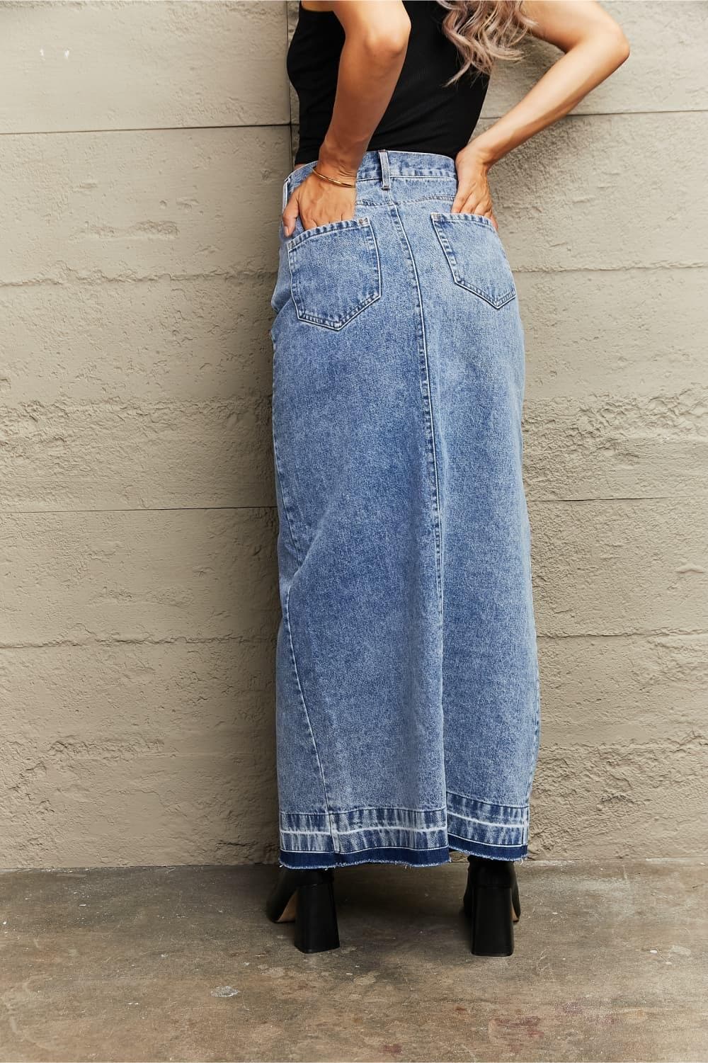 Breah Front Slit Maxi Denim Skirt, Medium Wash - SwagglyLife Home & Fashion
