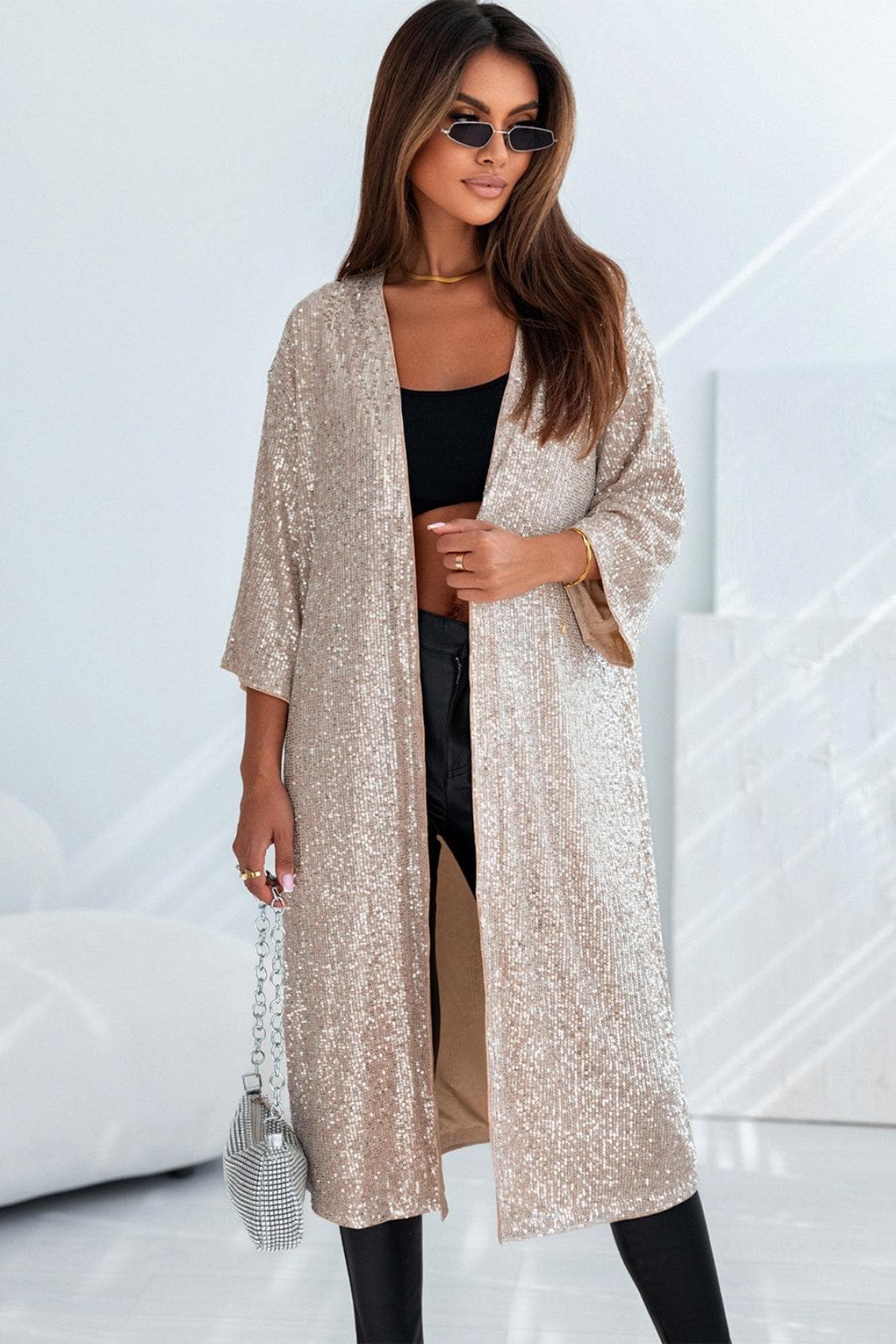 Brynlee Sequin Open Front Duster Cardigan - SwagglyLife Home & Fashion