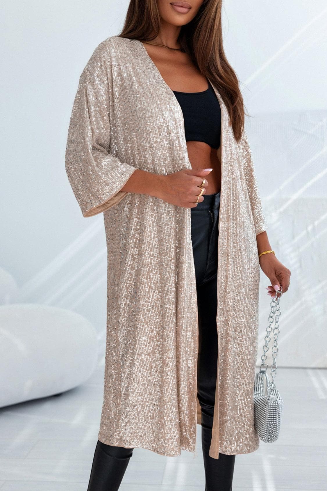 Brynlee Sequin Open Front Duster Cardigan - SwagglyLife Home & Fashion