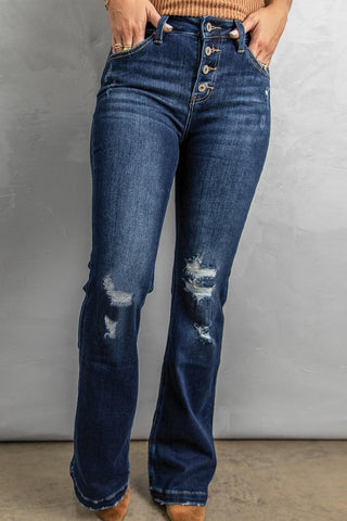 Button Fly Distressed Bootcut Jeans, Dark - SwagglyLife Home & Fashion