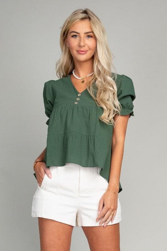 Button Front Puff Sleeve Blouse - SwagglyLife Home & Fashion