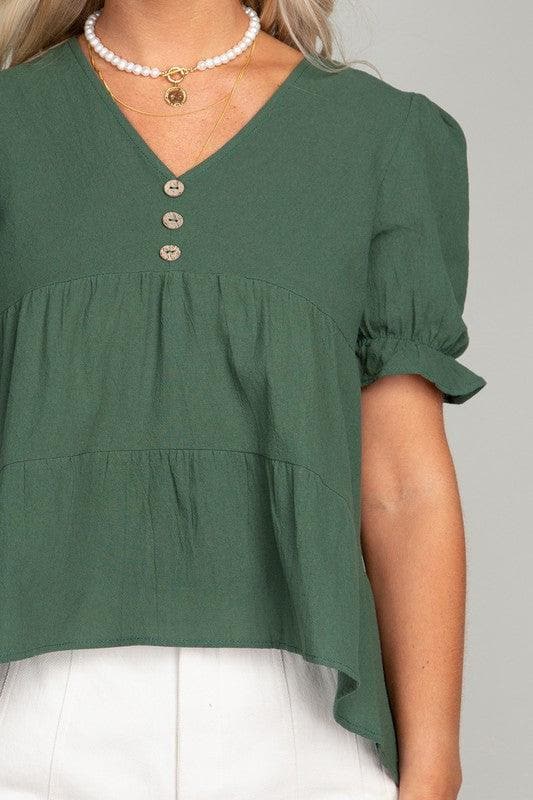 Button Front Puff Sleeve Blouse - SwagglyLife Home & Fashion