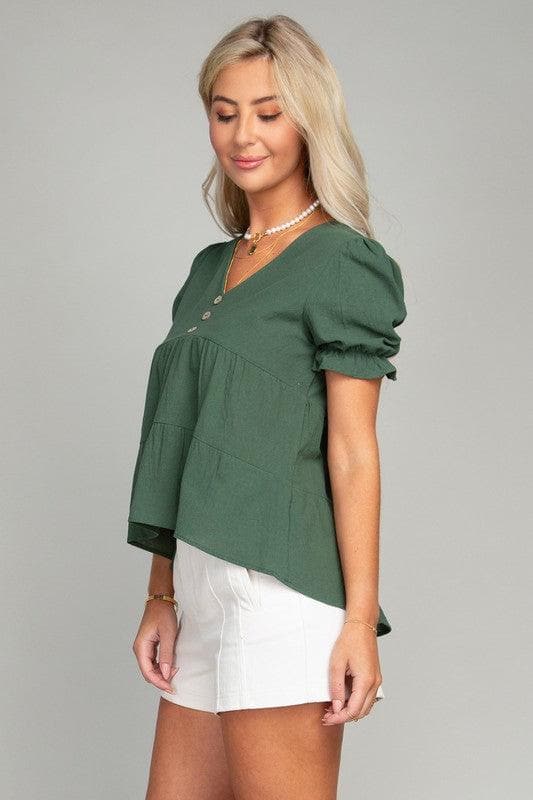 Button Front Puff Sleeve Blouse - SwagglyLife Home & Fashion