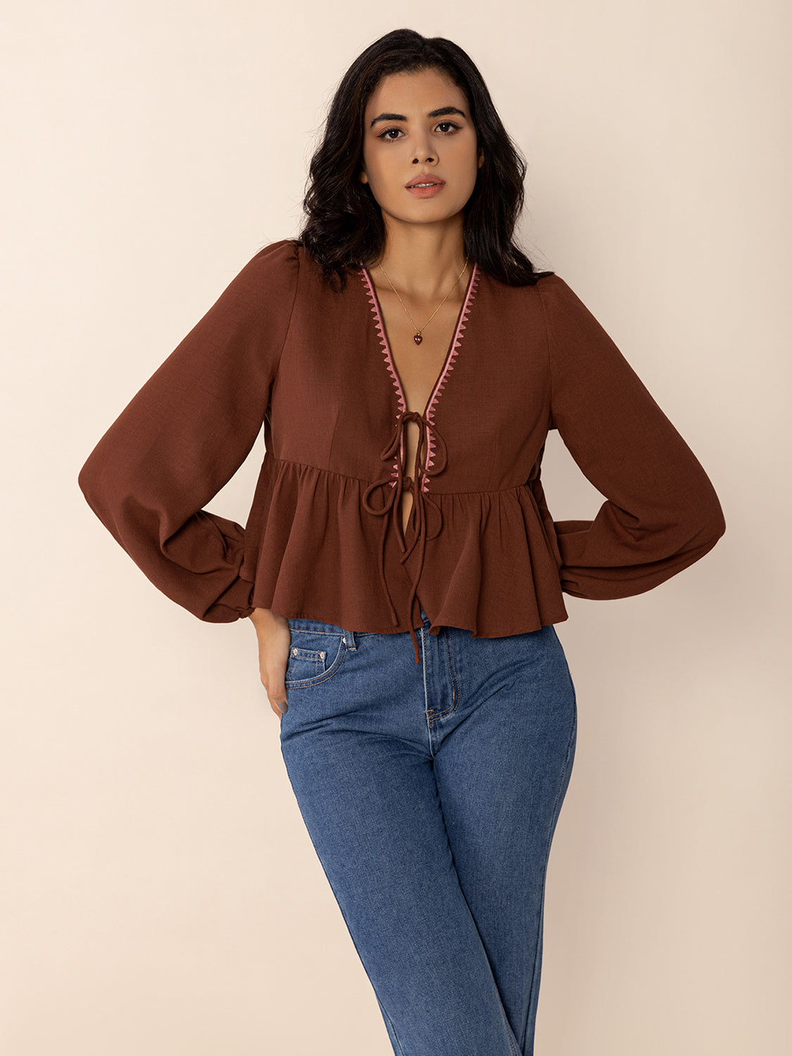 Peplum Tied V-Neck Long Sleeve Blouse