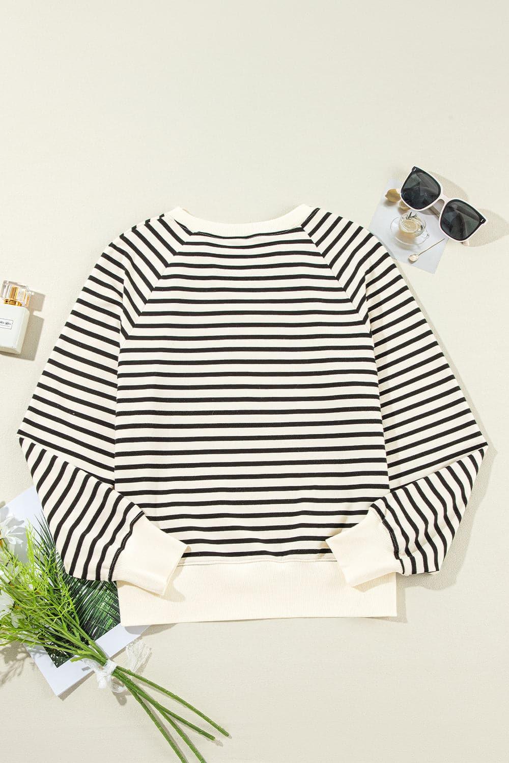 CIAO AMORE Decorative Button Striped Long Sleeve Sweatshirt