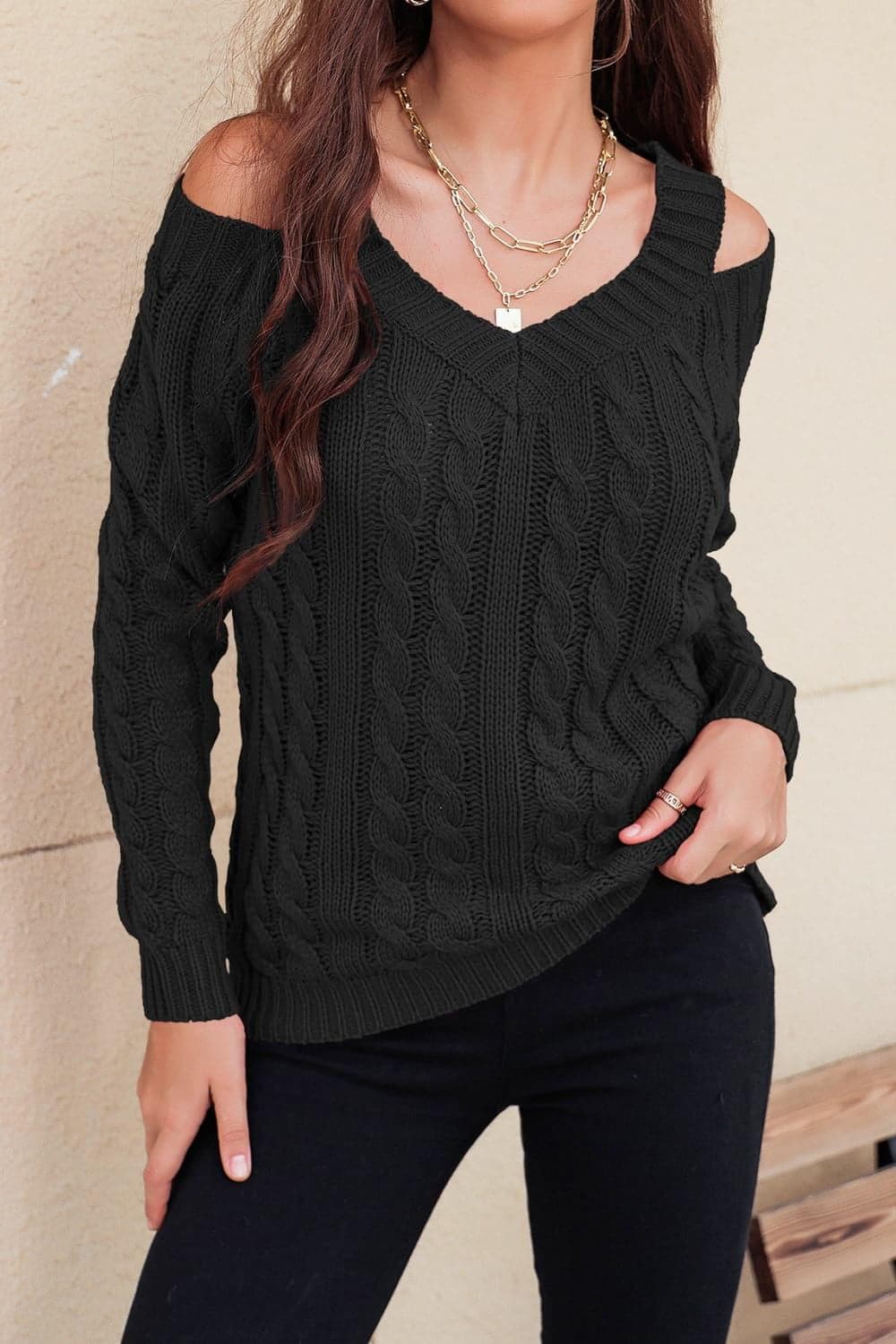 Cable-Knit Cold-Shoulder Long Sleeve Sweater, Black - SwagglyLife Home & Fashion