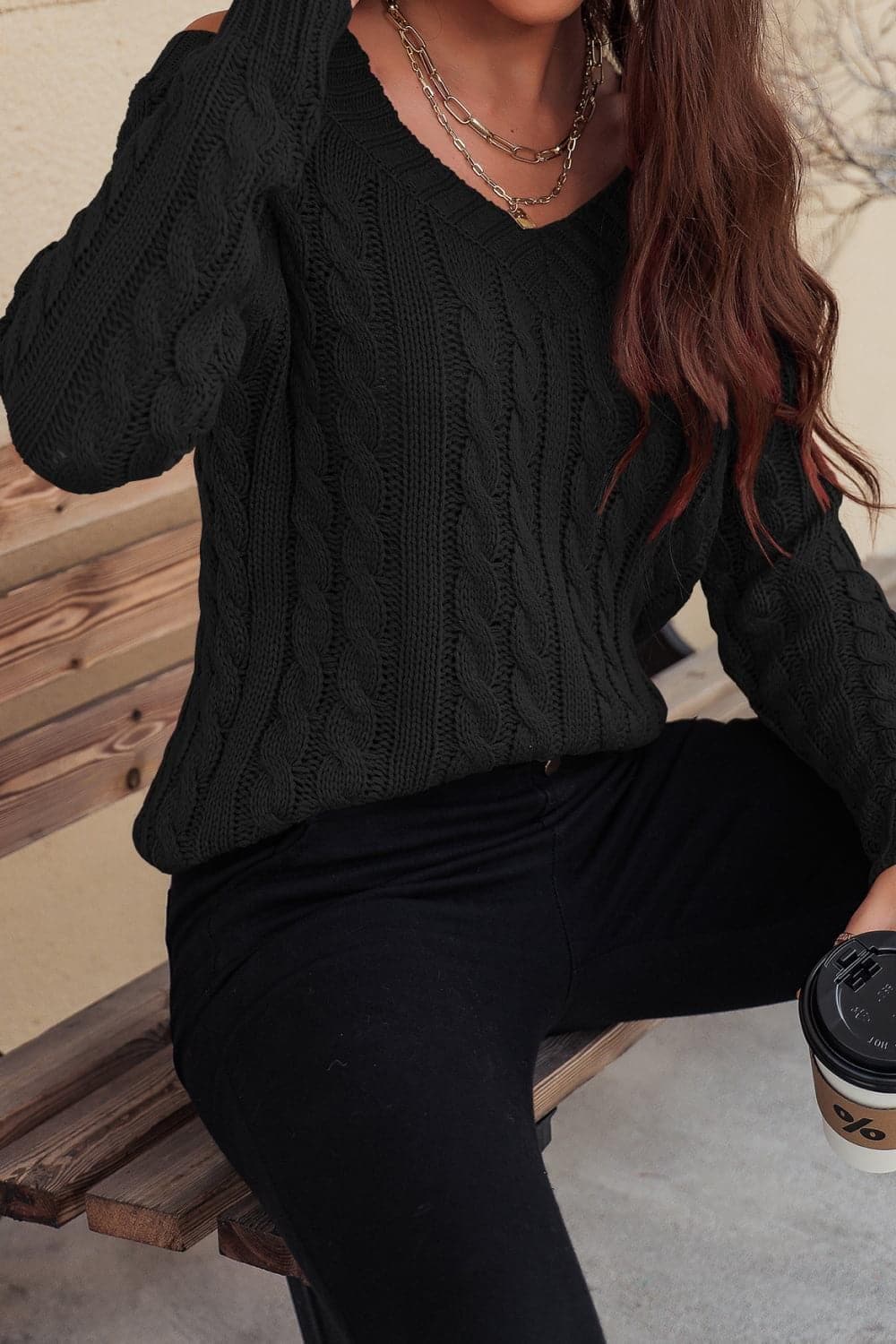 Cable-Knit Cold-Shoulder Long Sleeve Sweater, Black - SwagglyLife Home & Fashion