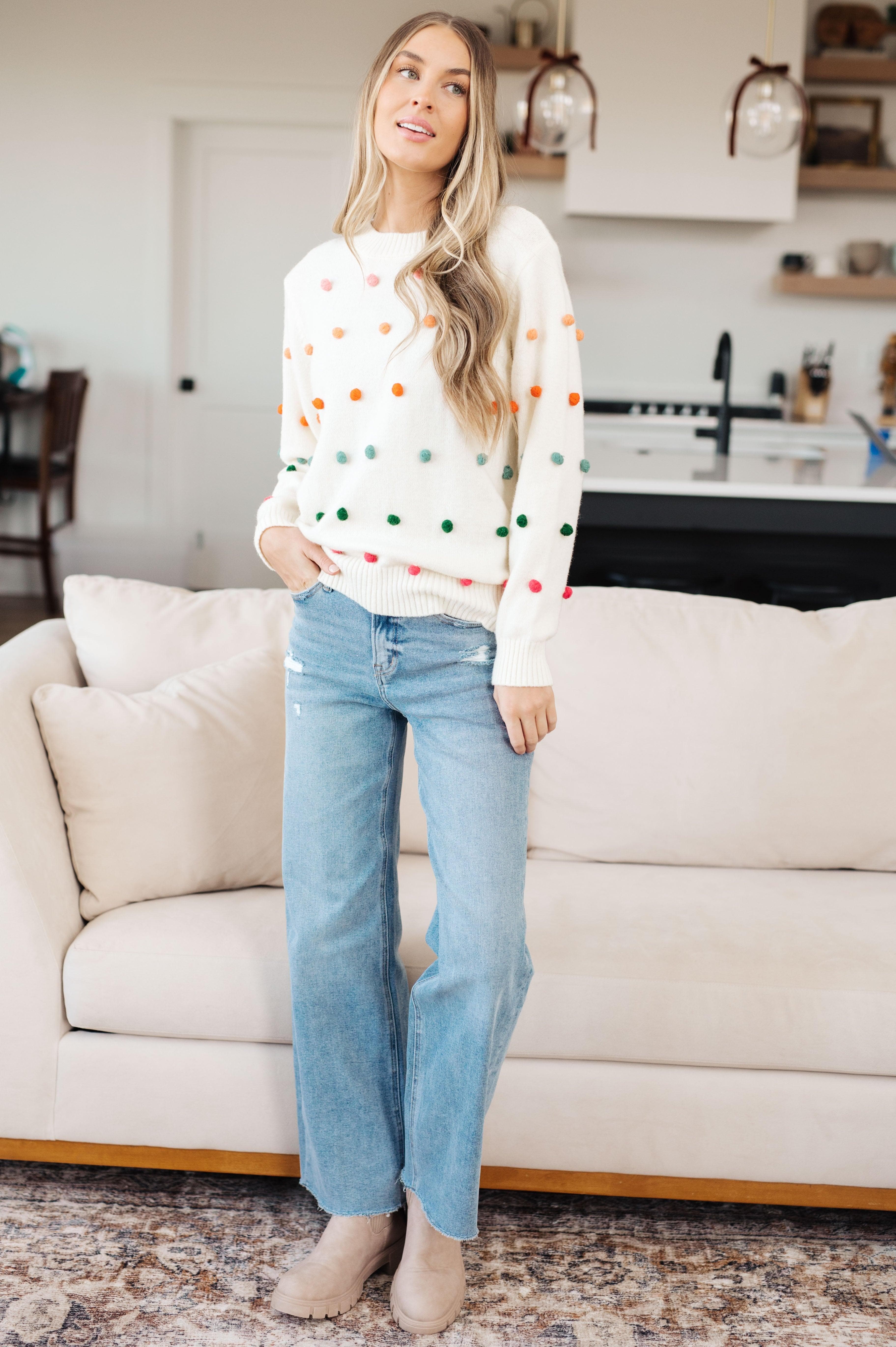 Candy Buttons Pom Detail Sweater - SwagglyLife Home & Fashion