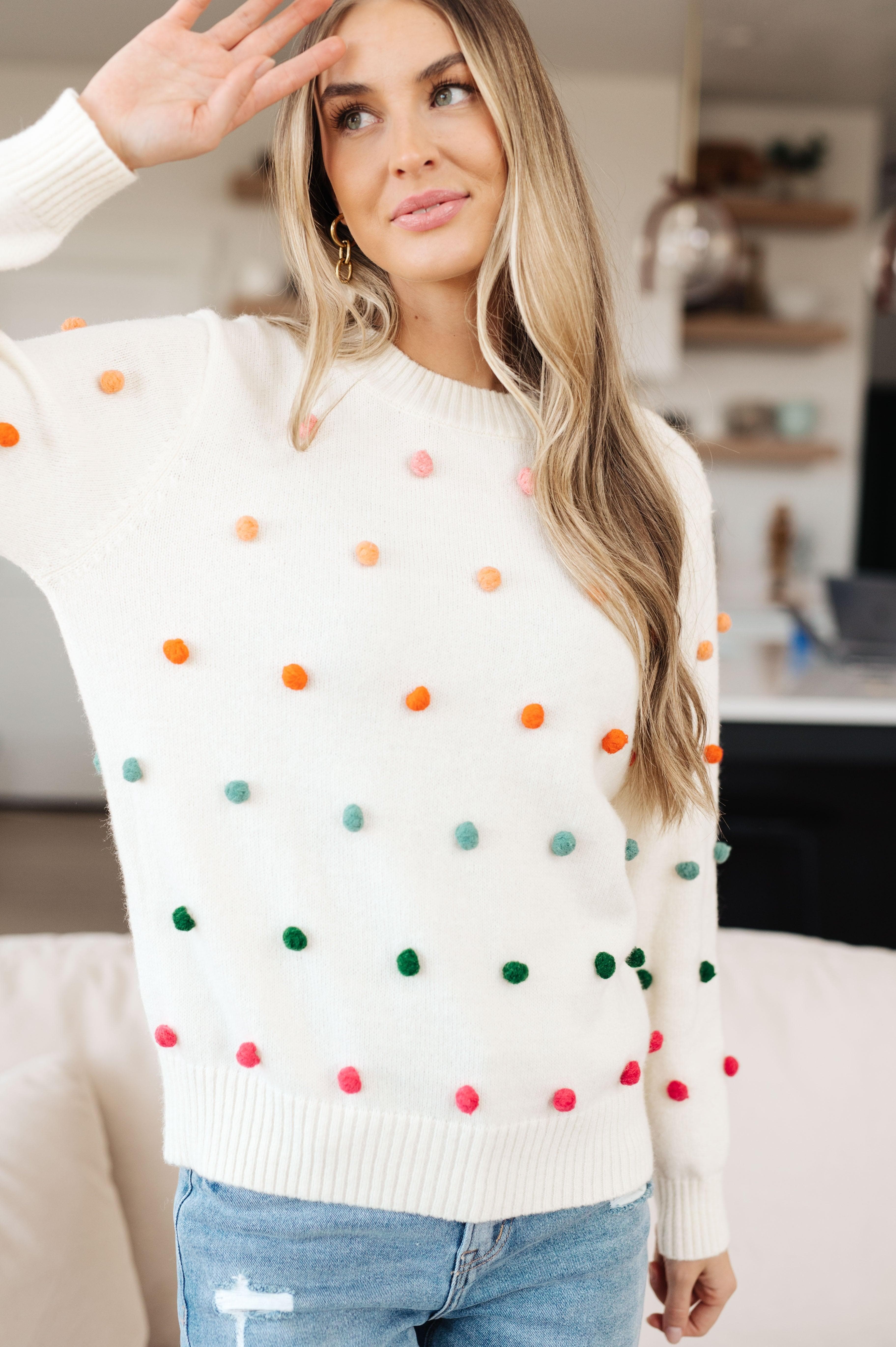 Candy Buttons Pom Detail Sweater - SwagglyLife Home & Fashion