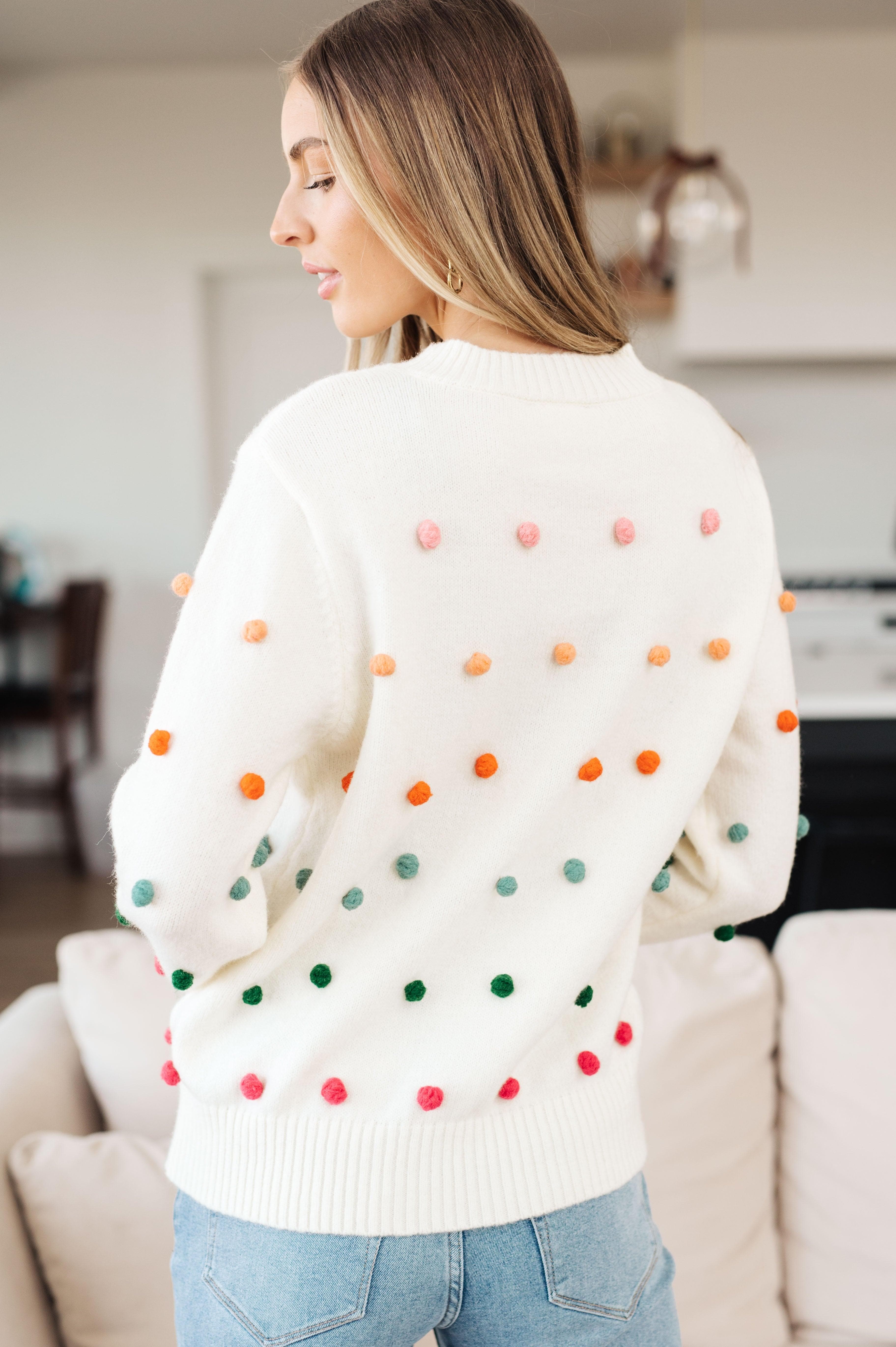 Candy Buttons Pom Detail Sweater - SwagglyLife Home & Fashion