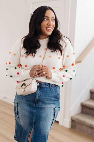 Candy Buttons Pom Detail Sweater - SwagglyLife Home & Fashion