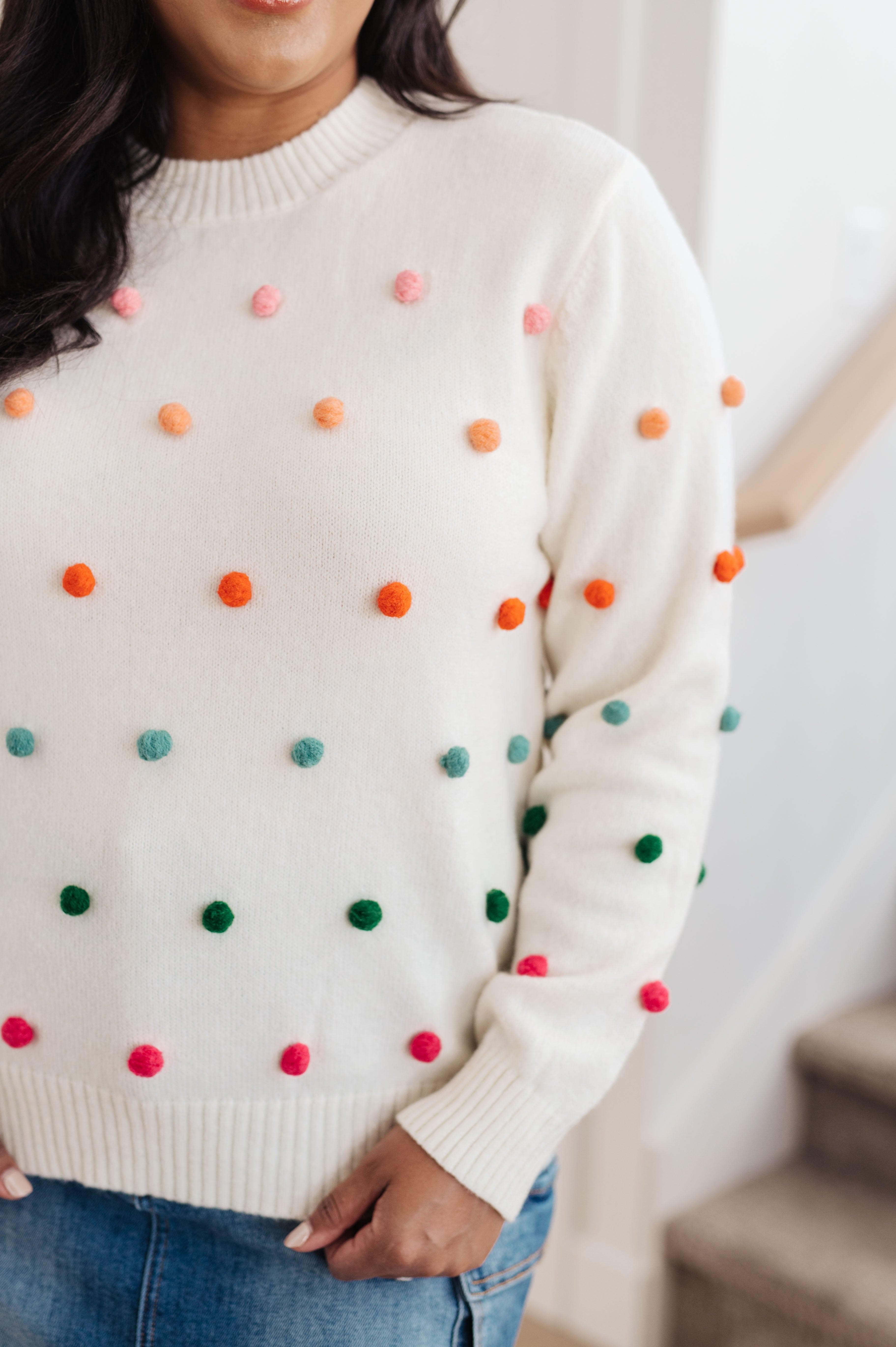 Candy Buttons Pom Detail Sweater - SwagglyLife Home & Fashion