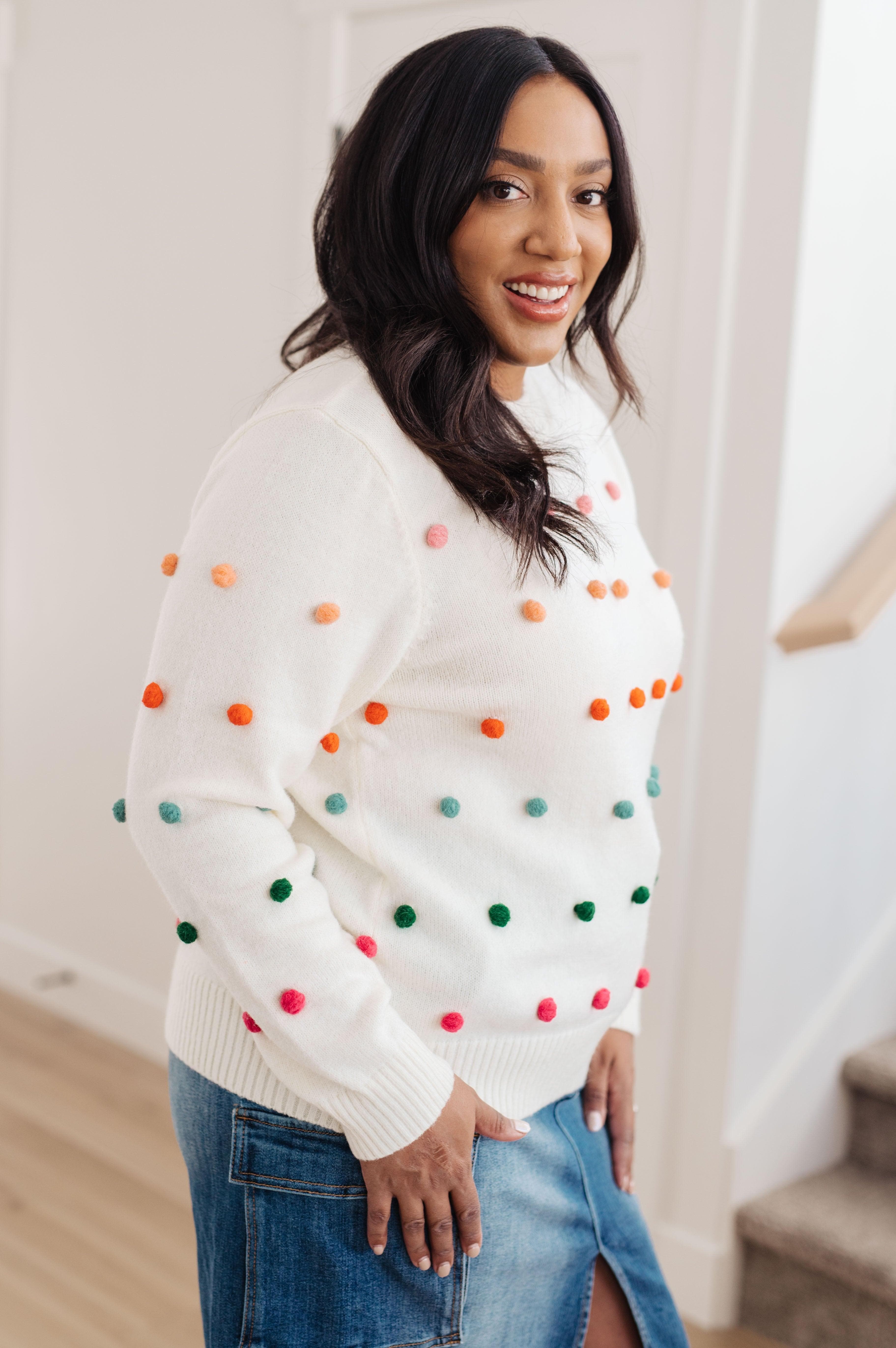 Candy Buttons Pom Detail Sweater - SwagglyLife Home & Fashion