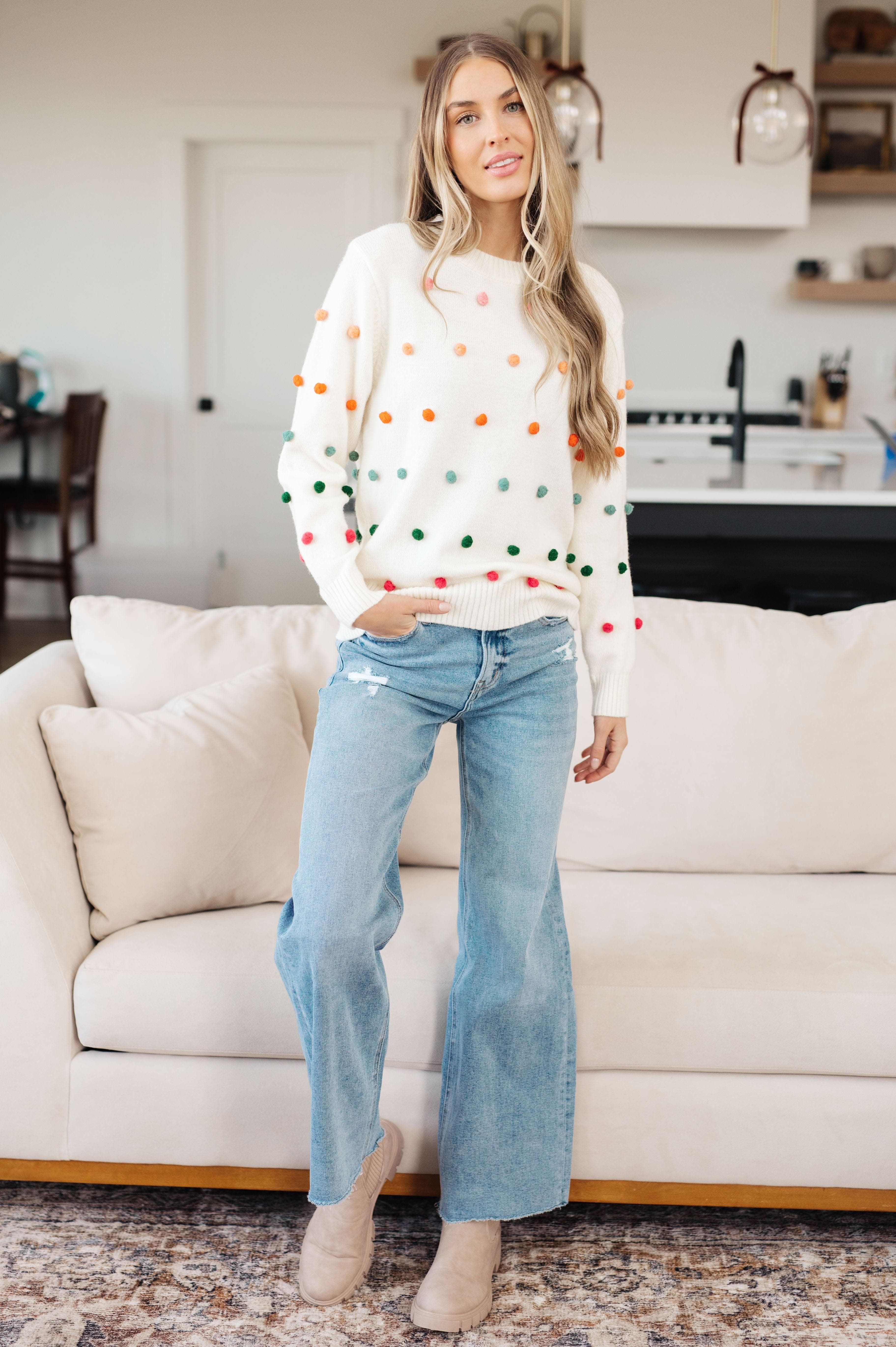 Candy Buttons Pom Detail Sweater - SwagglyLife Home & Fashion