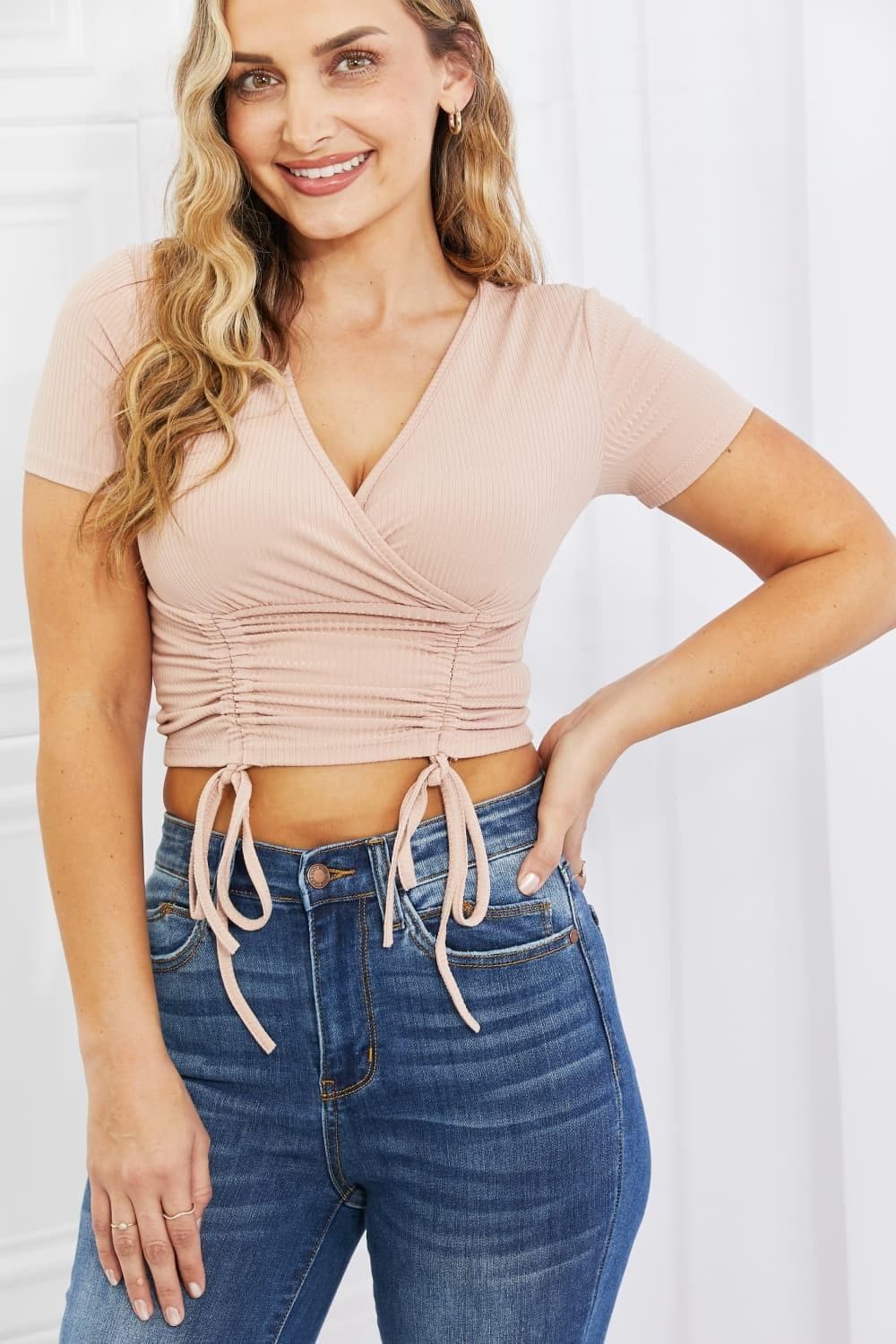 Capella Back To Simple Full Size Ribbed Front Scrunched Top in Blush - SwagglyLife Home & Fashion